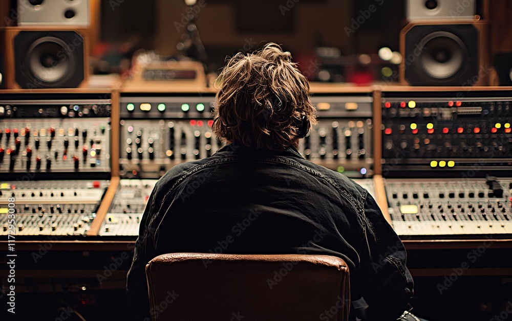 Aufkleber sound engineer working at mixing console in recording studio.