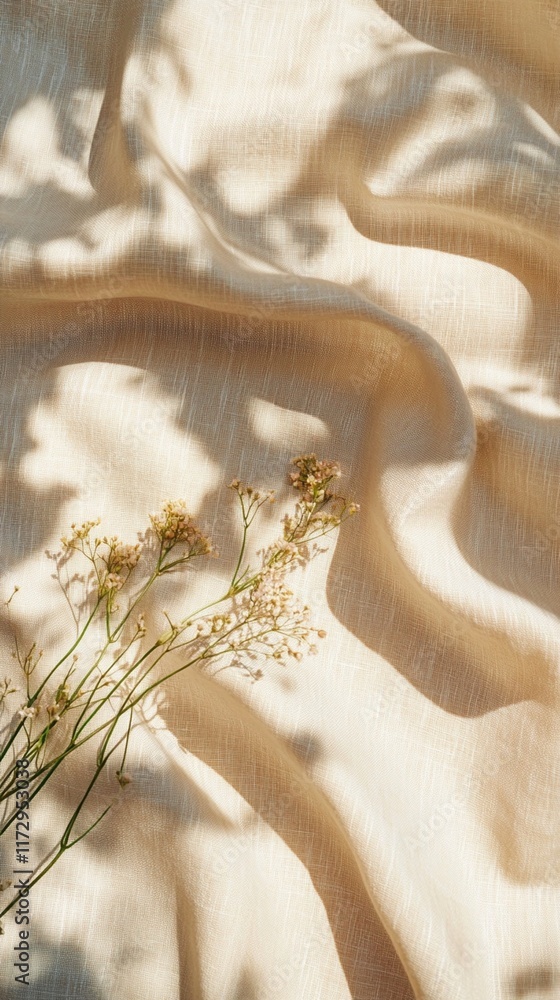 Poster delicate dried flowers casting intricate shadows on soft beige fabric, creating an artistic composit