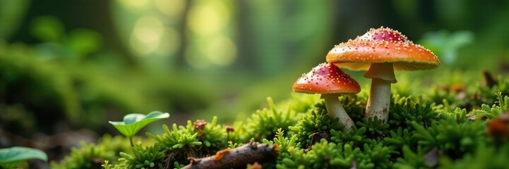 Mushrooms grow on the ground among ferns and moss, trees, wild, mycology