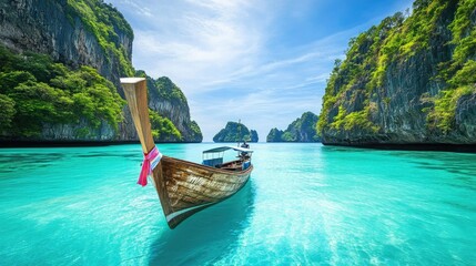 Obraz premium A boat anchored in a serene blue bay surrounded by crystal-clear waters and a scenic natural landscape