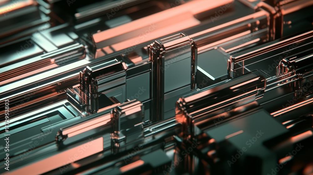 Poster Abstract metallic structure showcasing intricate geometric patterns and reflections.