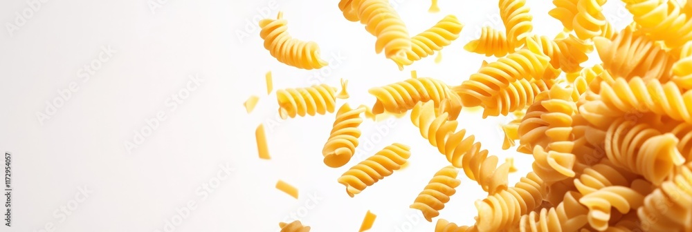 Leinwandbilder Many fusilli pasta spirals of different sizes are rotating and levitating on a white background, creating an interesting and dynamic visual effect, perfect for food related projects