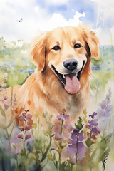 golden retriever puppy with flowers watercolor