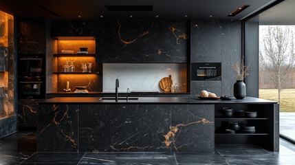 Modern black marble kitchen, illuminated shelves, winter landscape view
