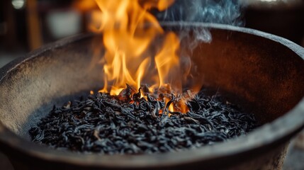 A close-up of tea leaves being roasted over a charcoal fire, the flames glowing softly and emitting gentle, smoky tendrils in an artisanal tea shop