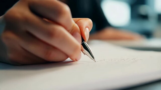 Handwriting in motion: closeup of pen writing on paper in professional setting