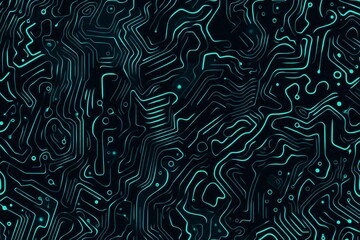 Abstract close-up of a glowing blue digital circuit board, showcasing intricate connections and technological design on a black background.
