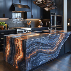 Modern kitchen island with backlit quartzite countertop in luxury home