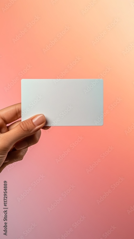 Poster woman's hand elegantly holding a levitating blank business card against a vibrant gradient backgroun