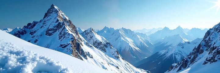 Snowflakes gently fall on frozen mountain peaks, serene, landscape, frost
