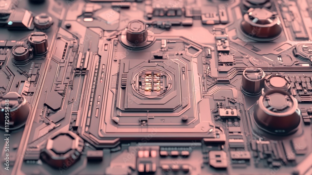 Poster close-up of a complex circuit board showcasing electronic components and connections.