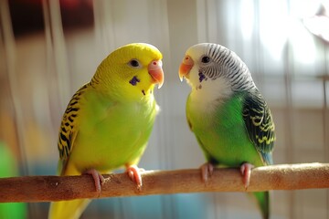 Naklejka premium Two Budgies Perched Close Together On A Branch