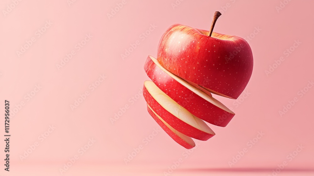 Poster ripe red apple floating in mid air, sliced into several pieces, set against a vibrant pink backdrop,