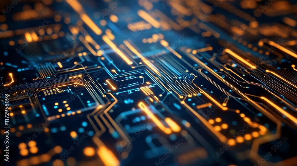 Aufkleber a close-up view of a circuit board with glowing pathways and connections.