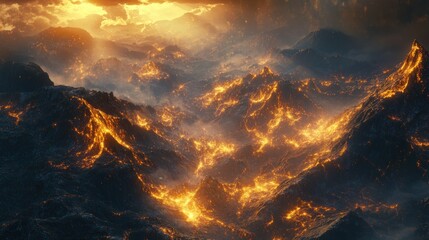 Fototapeta premium A dramatic landscape of molten lava flows illuminated by a fiery sunset.