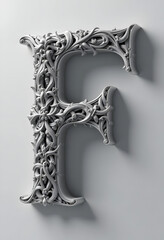 Ornate floral letter F design, intricate details in grey, artistic typography, copy space
