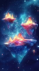 Glowing iridescent geometric crystals suspended in a dramatic otherworldly interstellar space setting  Visually captivating cosmic landscape with luminous prismatic shapes against a backdrop of stars