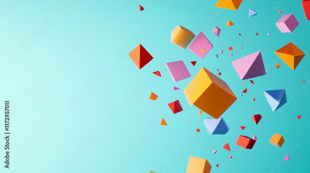 Poster colorful cubes and pyramids are levitating on a turquoise background, creating a vibrant and dynamic