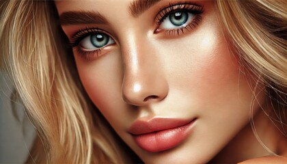 Macro of a Woman's Face - Beautiful Blonde Woman with Light Eyes and Blonde Hair - Blonde Woman Facing Forward with a Gentle Smile