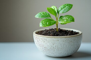 A Small Green Plant Growing In A White Pot