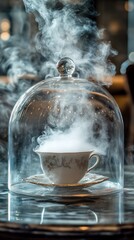 A luxurious smoky tea presentation in a glass dome, with dry ice smoke spilling out as the lid is lifted, revealing a delicate porcelain teacup inside