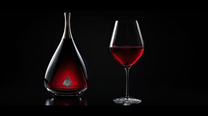 A classic wine bottle and glass composition, with the wine's deep red color standing out vibrantly against black