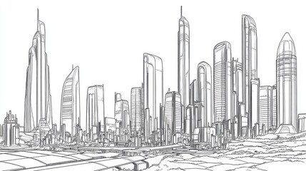 Naklejka premium futuristic city skyline line drawing colouring page