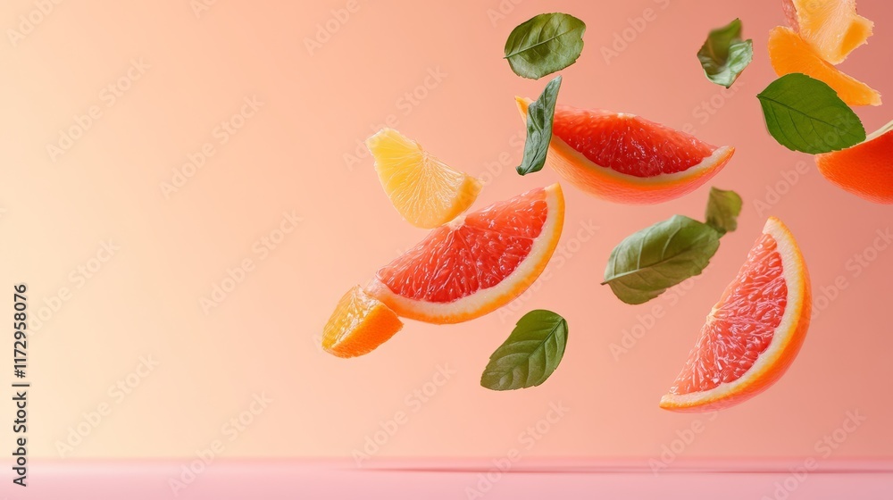 Poster Slices of grapefruit, orange and lemon, along with mint leaves, are levitating against a vibrant gradient pink backdrop, creating a refreshing and visually appealing scene