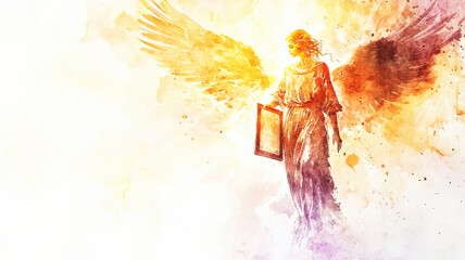 Fototapeta premium A radiant watercolor of a glowing angel holding a scroll, standing in a ray of sunlight with delicate wings spread, symbolizing divine message, hope, and spiritual guidance.