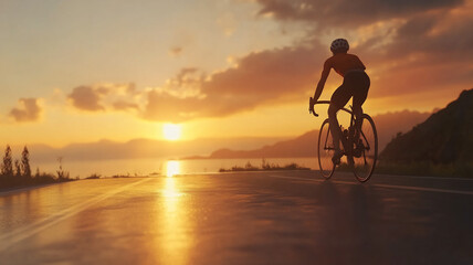 Fototapeta premium man cycling during summer on the road during sunset with a eye-level angle 