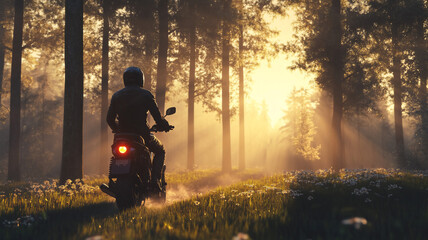 riding a motor during spring in the forest during sunrise with a profile angle 