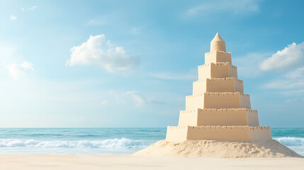 Impressive sandcastle on a sunny beach, showcasing expert craftsmanship and design, perfect for family beach activities and vacations.