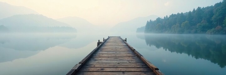 Obraz premium Wooden pier stretches into the foggy lake surface, reflection, foggy