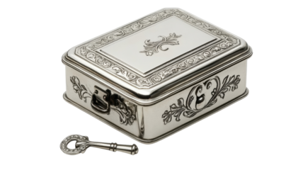 A beautifully crafted small silver music box featuring a winding key, perfect for adding a touch of nostalgia and elegance to any decor or as a sentimental gift..