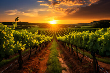 Naklejka premium Aesthetically Captivating Vineyard: The Majestic Domain of Grapevines Under the Warm Hues of the Setting Sun