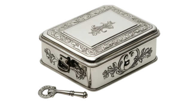 A beautifully crafted small silver music box featuring a winding key, perfect for adding a touch of nostalgia and elegance to any decor or as a sentimental gift..