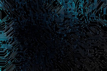 Abstract close-up of a glowing blue digital circuit board, showcasing intricate connections and technological design on a black background.
