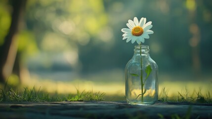 A lone daisy captured in a glass bottle, its charm emphasized by the soft, blurry background.