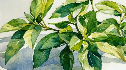 Lush green leaves depicted in detailed watercolor, showcasing vibrant hues and delicate textures in botanical art - Powered by Adobe