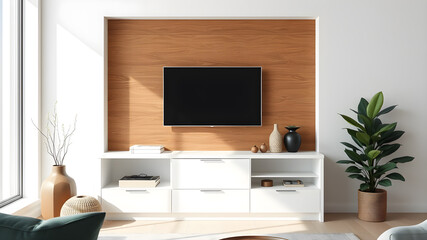 Mockup minimalist a cabinet television wall mounted with decoration in living room and white wall. Generative AI