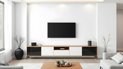 Mockup minimalist a cabinet television wall mounted with decoration in living room and white wall. Generative AI