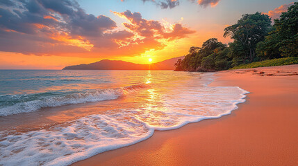 Picturesque beachside sunset with gentle waves rolling onto shore