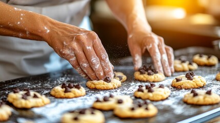 Close Up Baker s Hands Dusting And Arranging Chocolate Chip Cookie Dough on Baking Sheet