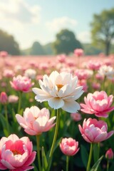 Fototapeta premium A field of white and pink flowers sway gently in the breeze, blooms, pink