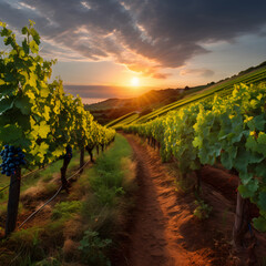 Naklejka premium Aesthetically Captivating Vineyard: The Majestic Domain of Grapevines Under the Warm Hues of the Setting Sun