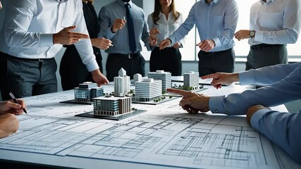 Architects and Designers Collaborating Over Blueprints and Scale Models in a Modern Office Setting

