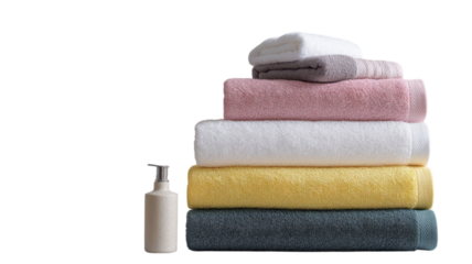 A Small Stack of Colorful Towels on a White Background Perfect for Home Decor, Spa, and Bathing Needs.