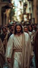 Naklejka premium A cinematic photograph of Jesus walking in the streets with his disciples, wearing white robes and brown sandals, with detailed facial features, surrounded by people watching him,