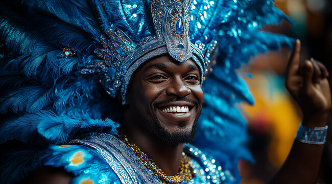 A photo of an attractive Black man wearing a blue and silver samba headdress, smiling with his hand raised in the air, against a dark background. He is dressed for a Carnival parad
