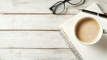 Cozy Workspace: Coffee, Notebook, and Spectacles on Rustic White Wooden Table